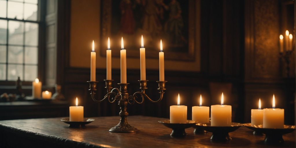 Renaissance candles lighting up a historic room softly.