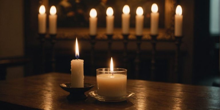 Candle lighting up a classic painting in a dim room.