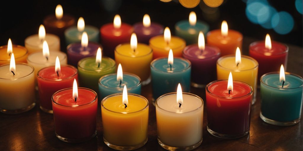 Colorful scented candles displayed in various shapes and sizes.